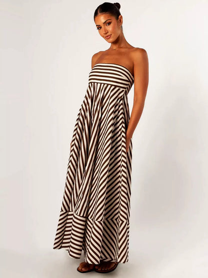 MOLIVIO | Elegante Strapless Maxi Jurk Met Streeppatroon | 1+1 Gratis